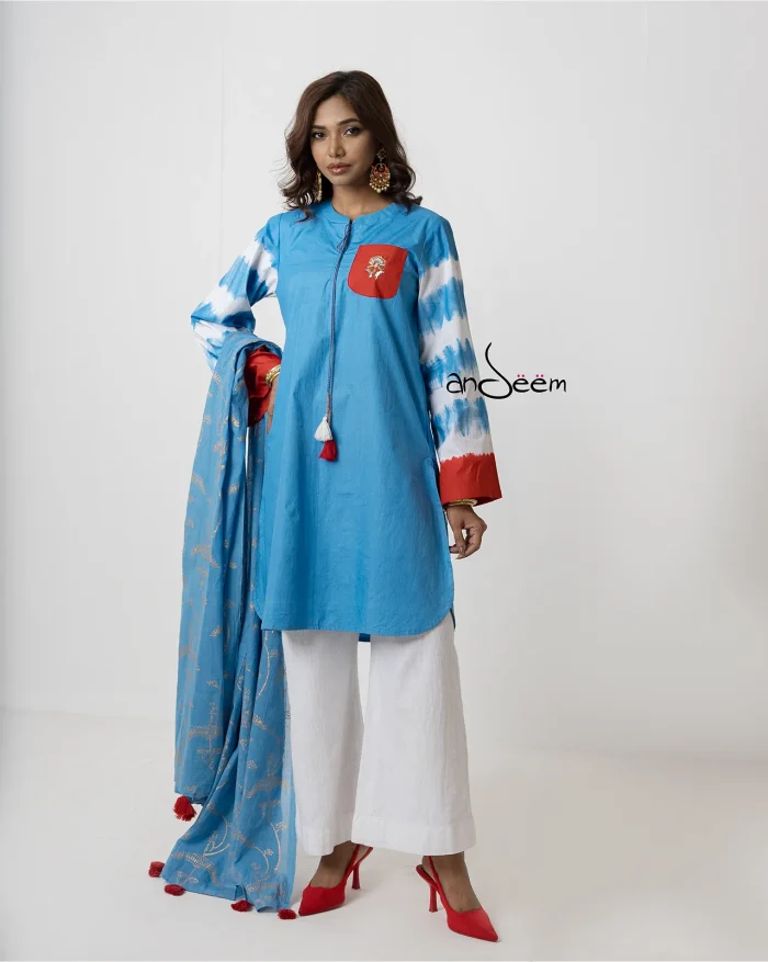 Sky Blue with Orange and White Tie-Dye Cotton Set - Image 3