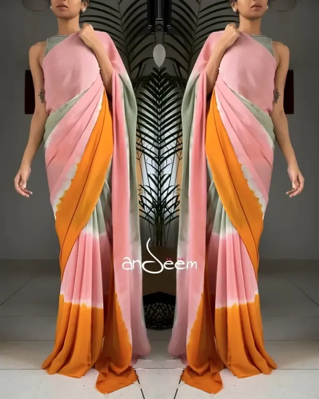 Baby Pink, Moss Green, White And Mustard Crepe Silk Saree