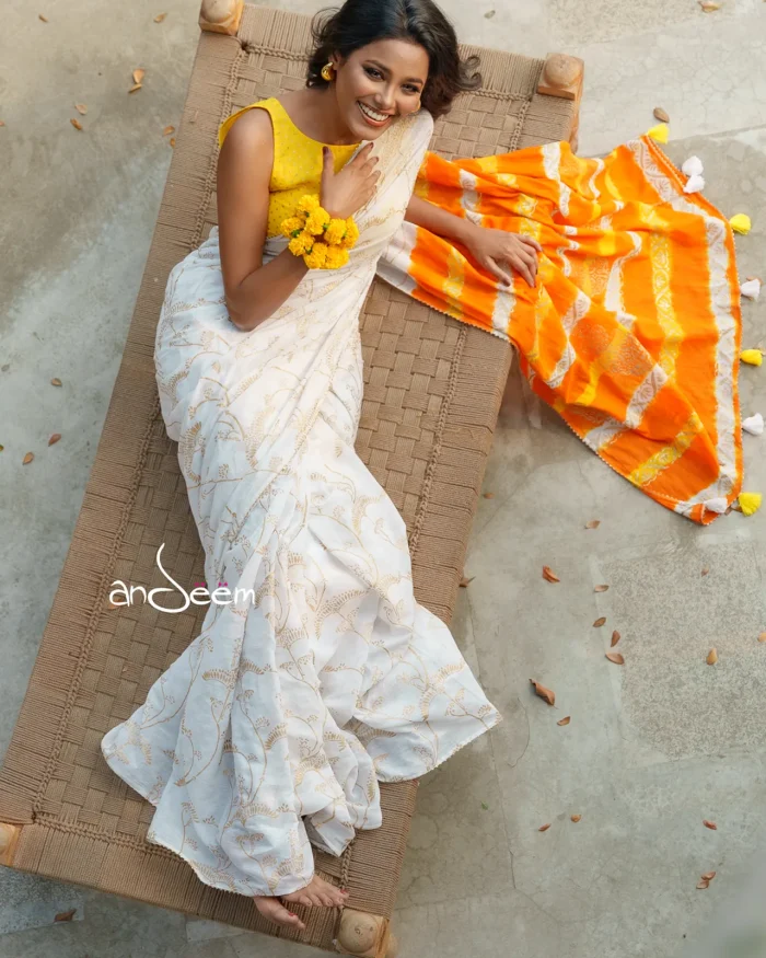 Cotton Handloom Saree- Yellow And Orange - Image 3