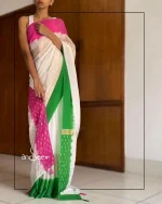 White, Green, Magenta With Hand-Block Crepe Silk Saree