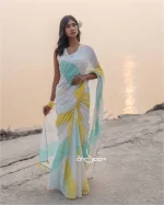 Cotton Handloom Saree- Yellow And Turquoise Geometric Pattern