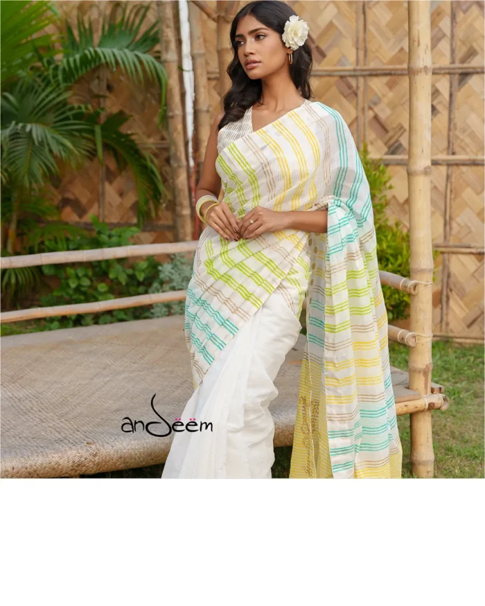 Cotton Handloom Saree- Yellow And Turquoise Geometric Pattern - Image 2