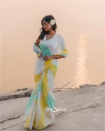 Cotton Handloom Saree- Yellow And Turquoise Geometric Pattern - Image 3