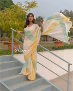 Cotton Handloom Saree- Yellow And Turquoise Geometric Pattern - Image 4