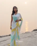 Cotton Handloom Saree- Yellow And Turquoise Geometric Pattern - Image 5