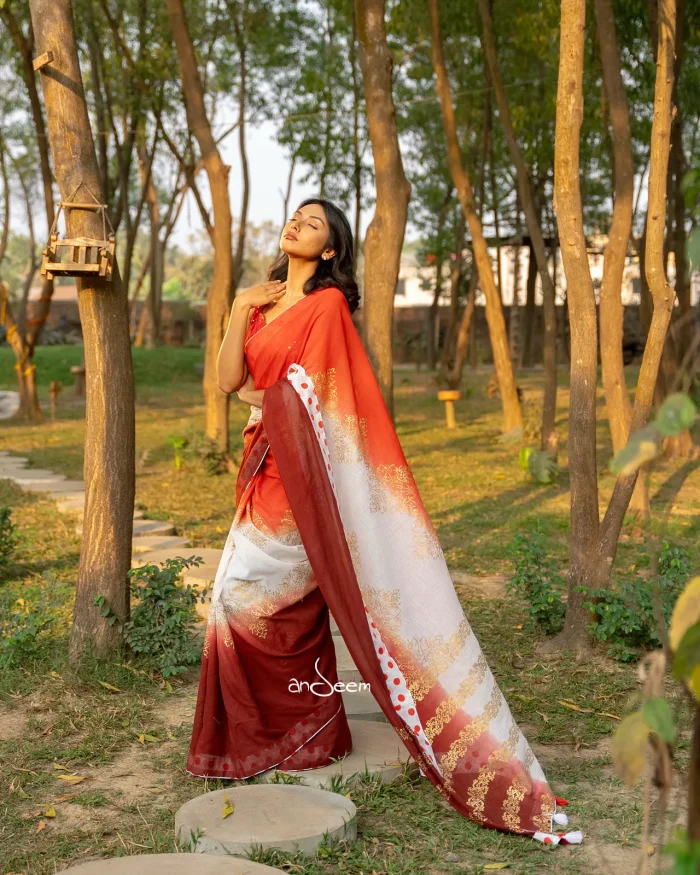 Cotton Handloom Saree- Red, White And Maroon - Image 2