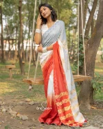 Cotton Handloom Saree- Light Grey And Red - Image 2