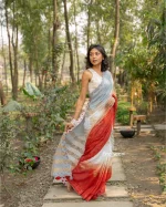 Cotton Handloom Saree- Light Grey And Red - Image 2