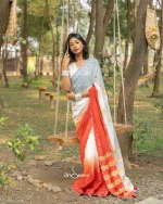 Cotton Handloom Saree- Light Grey And Red - Image 8