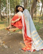 Cotton Handloom Saree- Light Grey And Red - Image 7