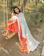 Cotton Handloom Saree- Light Grey And Red - Image 6