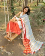 Cotton Handloom Saree- Light Grey And Red - Image 4