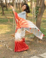 Cotton Handloom Saree- Light Grey And Red - Image 3