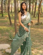 Moss Green Muslin Saree with Karchupi - Image 2