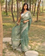 Moss Green Muslin Saree with Karchupi - Image 2