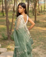 Moss Green Muslin Saree with Karchupi - Image 3