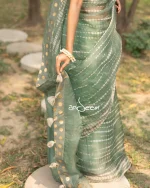 Moss Green Muslin Saree with Karchupi - Image 8