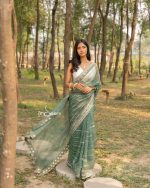 Moss Green Muslin Saree with Karchupi - Image 8
