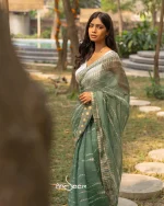 Moss Green Muslin Saree with Karchupi - Image 9