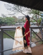 Red, Black, Off-White Crepe Silk Saree With Golden Hand Block - Image 2