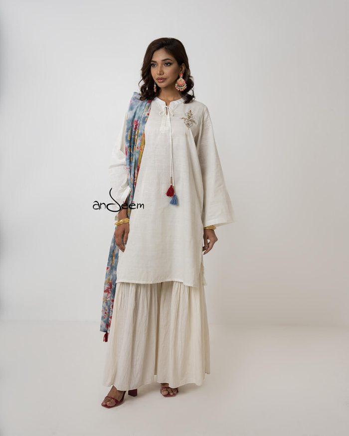 White, Endi Cotton Kameez Set - Image 1