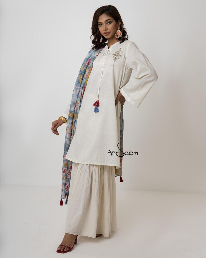White, Endi Cotton Kameez Set - Image 2
