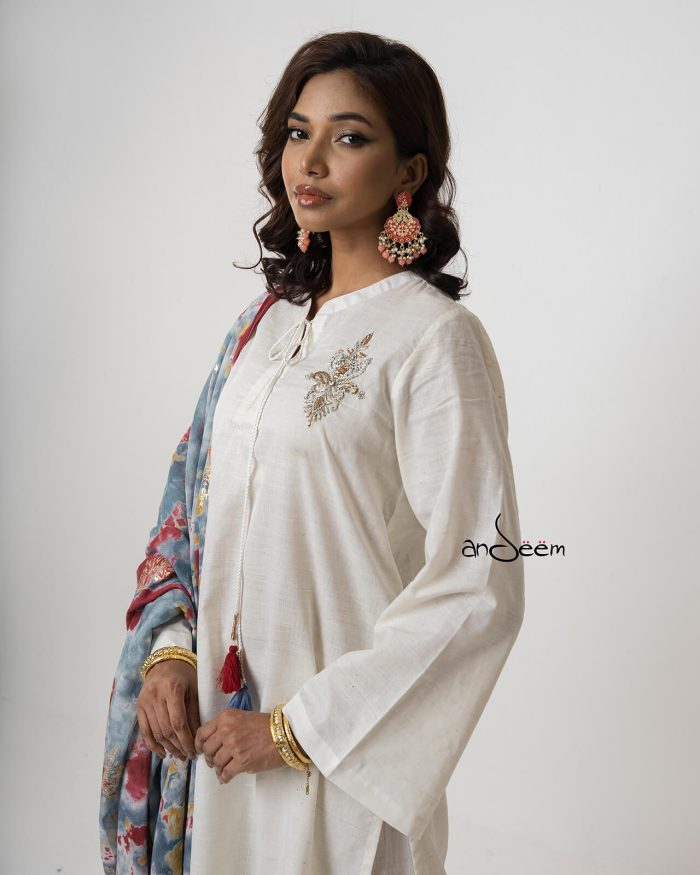 White, Endi Cotton Kameez Set - Image 3