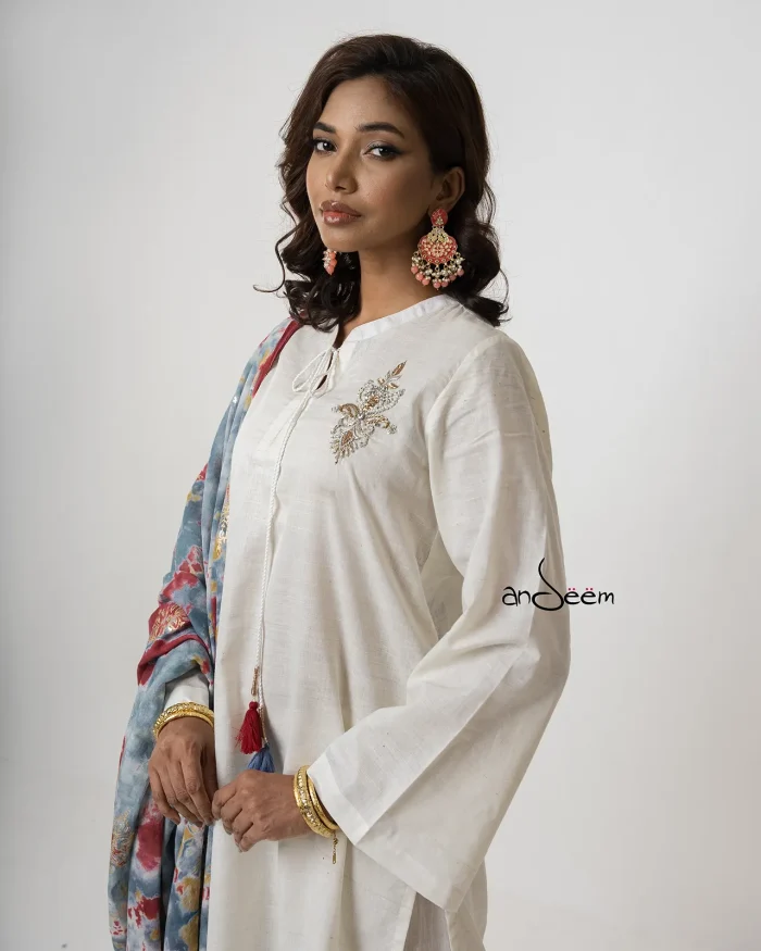 White, Endi Cotton Kameez Set - Image 9