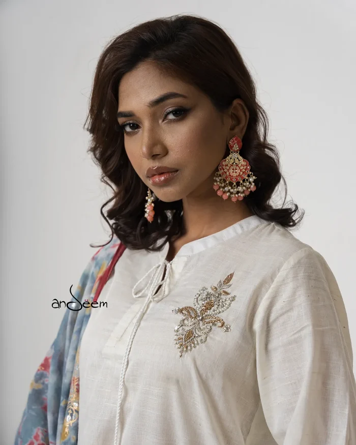White, Endi Cotton Kameez Set - Image 10