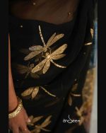 Dragonfly Black Muslin Saree with Karchupi Work - Image 4