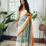 Crepe Silk Saree- Light Teal/White