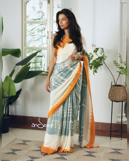 Light Teal and White Crepe Silk Saree