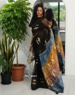 Dragonfly Black Muslin Saree with Karchupi Work - Image 3
