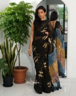 Dragonfly Black Muslin Saree with Karchupi Work - Image 2