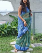 Jade Blue Muslin Saree - Image 2