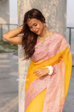 Muslin Saree- Yellow Lilac - Image 3