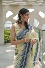 Muslin Saree- Lime Sapphire Grace